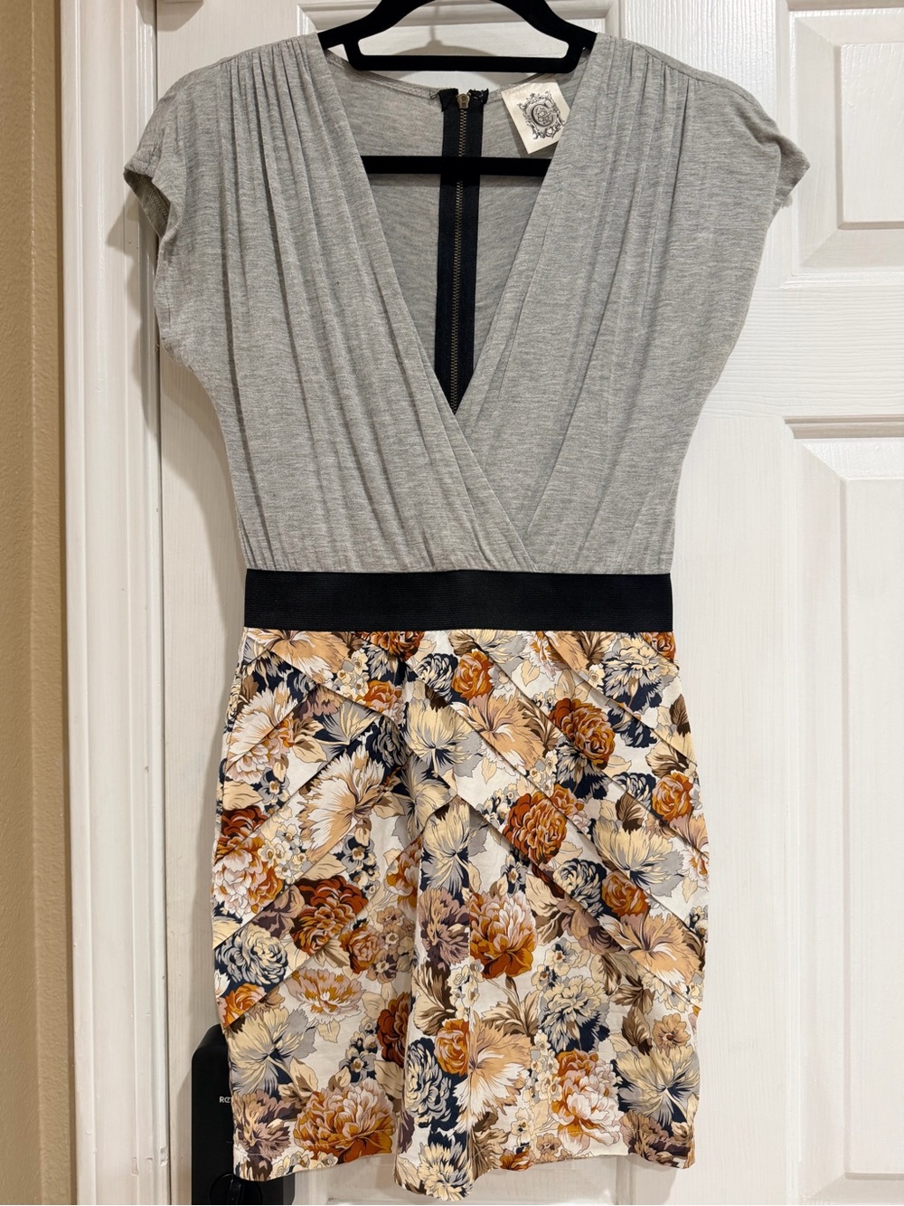 Aritzia Grey Top with Black Waistband and Floral Tan/Blue Skirt Mini Dress